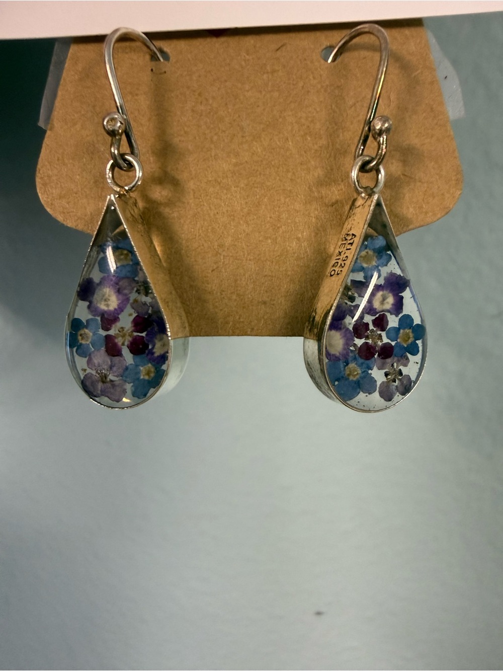 ATI Mexico 925 Sterling Silver Pressed Flower Teardrop Earrings 🌺 Very Feminine